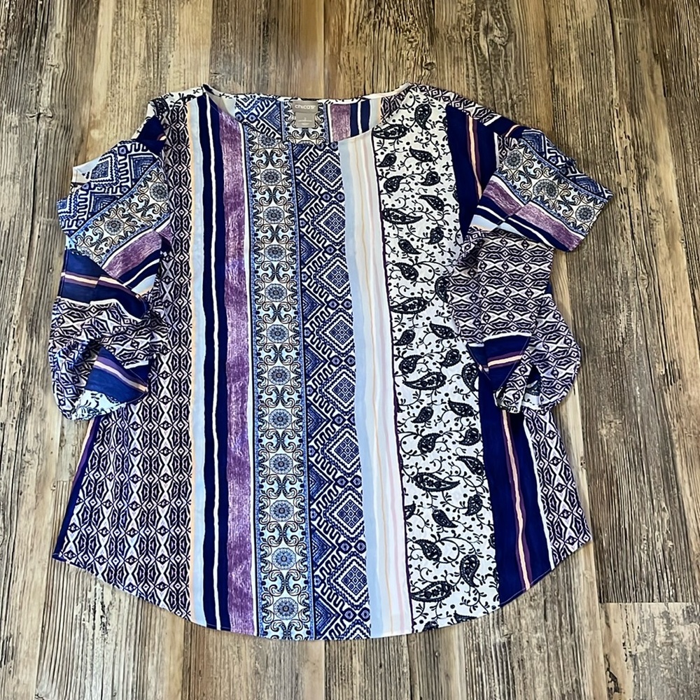 Reposhing Chico's Blue, Purple & White Mixed Print Blouse